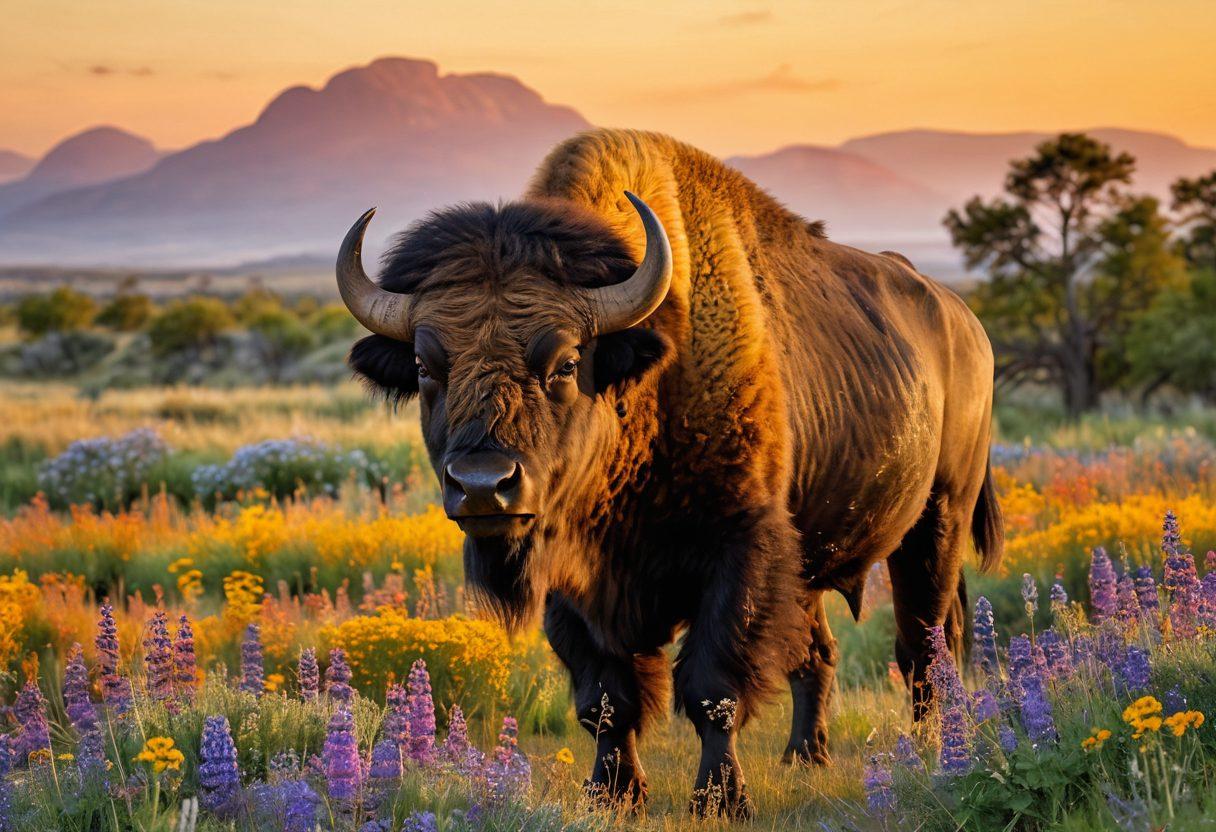 A stunning buffalo standing majestically in a golden sunset, surrounded by vibrant wildflowers and a serene landscape that captures the essence of nature's beauty. The image should evoke a sense of nostalgia and adventure, highlighting the connection between the animal and its environment. Soft, warm lighting enhances the tranquil atmosphere. super-realistic. vibrant colors. sunset background.