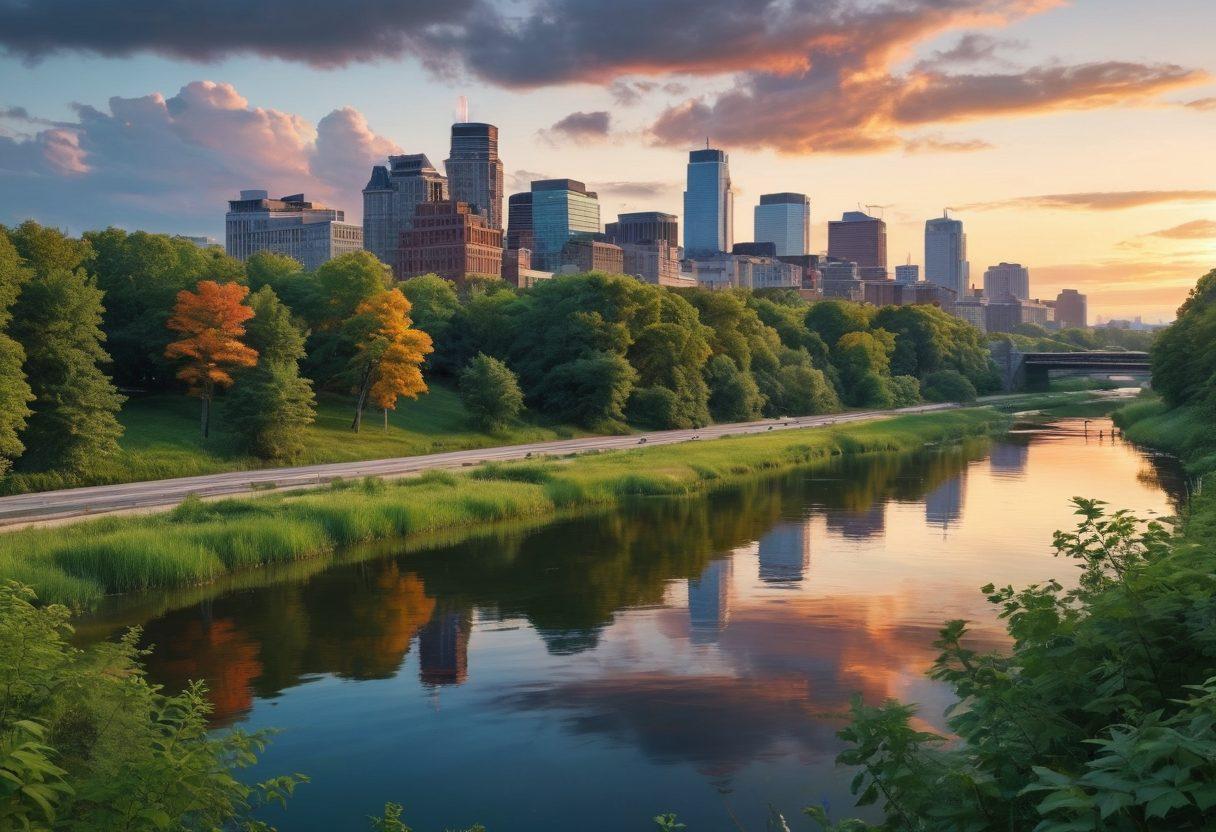 A stunning juxtaposition of Buffalo's urban skyline seamlessly blending into a lush, vibrant nature scene featuring rolling hills, a serene river, and wildlife. The foreground captures a photographer with a camera, marveling at the view as the city buildings fade into the greenery. The mood is peaceful and reflective, showcasing the beauty of both urban life and nature's wonders. super-realistic. vibrant colors. 3D.