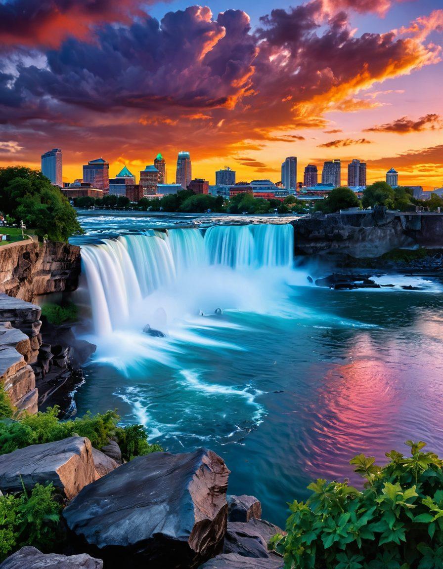 A breathtaking panoramic view of Buffalo's iconic skyline at sunset, featuring the majestic Niagara Falls in the distance, with a photographer capturing the moment. Include vibrant colors in the sky reflecting off the water, lush greenery framing the scene, and an array of sharp, detailed architectural elements. super-realistic. vibrant colors. panoramic view.